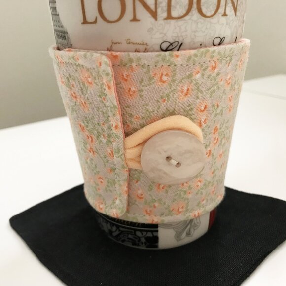 Handmade Fabric Coffee Cozy - Reusable Coffee Cup Sleeve, Peach Floral - Picture 1 of 5